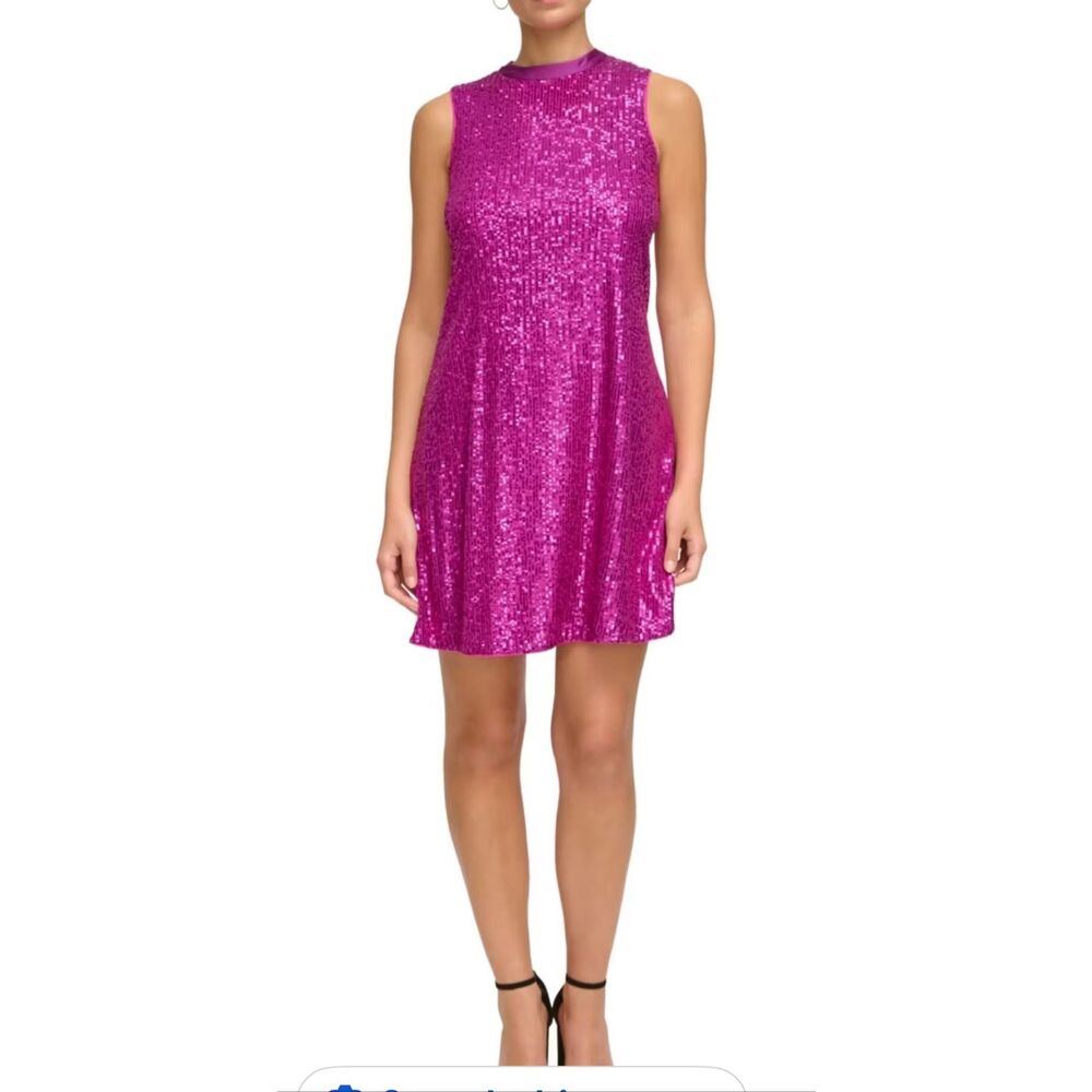 Kensie Sequined Sleeveless Ribbon Tie Back Mini Shift Dress Fuchsia Size 6
